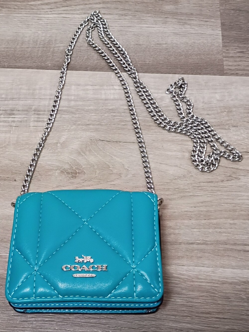 Coach Classic Casual Mini Wallet Chain Teal Blue‎ Leather Puffy Diamond Quilted
